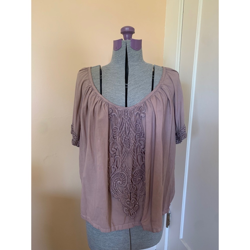 Karen Kane Womens 1X Embroidered Cotton Peasant Blouse Mauve Short Sleeve Top